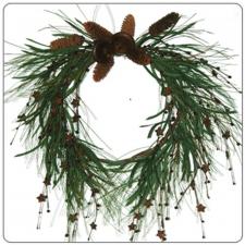 CHRISTMAS WREATH WITH LARGE PINECONES, TWO BELLS, RUST STARS