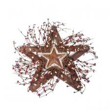 BURLAP AND TIN STAR WITH BERRIES ON WOODEN STAR, 18 IN, RED,