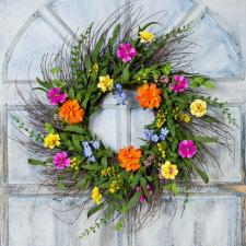 MIXED FLOWER WREATH ON TWIG BASE, 8 IN RIM, ORANGE, YELLOW, 