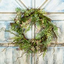 ASSORTED FROST SUCCULENT/GREENERY WREATH ON TWIG BASE, 10 IN