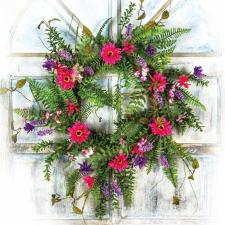 FERN WREATH W/ PURPLE & PINK FLOWERS ON A TWIG BASE, 10 IN R