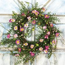 GREENERY WREATH W/PINK & PURPLE FLOWERS, CR & PI BERRIES