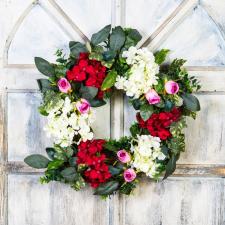 HYDRANGEA/ROSE WREATH ON A TWIG BASE, 10 IN RIM, 20 IN DIA, 