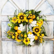 SUNFLOWER LEMON WREATH WITH HYDRANGEA ON A TWIG BASE, 11 IN 