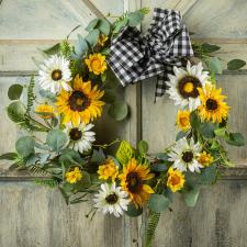 SUNFLOWER WREATH WITH CHECKERED BOW ON A TWIG BASE, 11 IN RI