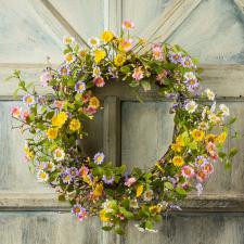 MIXED SPRING FLOWER WREATH ON A TWIG BASE, 10 IN DIA RIM, HW