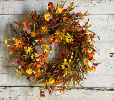AUTUMN WREATH WITH CHINESE LANTERNS, MINI PUMPKINS AND FLOWE