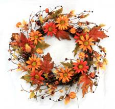 BURNT RED AND ORANGE DAISIES WREATH ON TWIG BASE W/PUMPKINS,