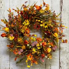 AUTUMN WREATH WITH CHINESE LANTERNS, MINI PUMPKINS AND FLOWE