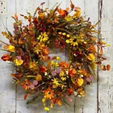 AUTUMN WREATH WITH CHINESE LANTERNS, MINI PUMPKINS AND FLOWE