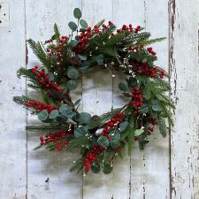 RED BERRY WREATH WITH PINE CONES, EUCALYPTUS AND PINE, 10 IN