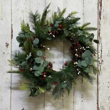 RUST BELL WREATH WITH PINE CONES, MINI RED BELLS, EUCALYPTUS