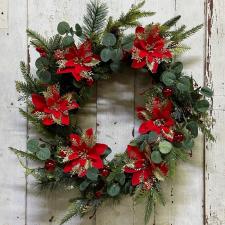 HOLIDAY WREATH WITH GOLDEN ACCENT POINTSETTIA, PINE CONES, A