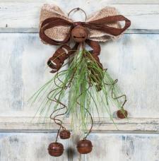 LONG NEEDLE PINE DROP WITH BURLAP BOWS AND BELLS, 11 IN., BR