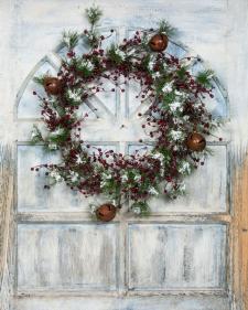 SNOW FLOCKED PINE WREATH W/MIXED BERRIES AND BELLS, 15.5 IN 