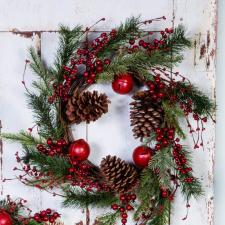 LARGE PINE CONE AND BELL WREATH WITH BERRIES ON A TWIG BASE,