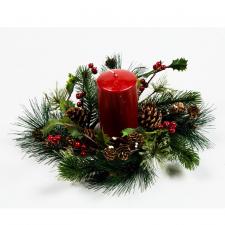 HOLLY, RED BERRY, PINE CONE AND PINE CANDLE RING, 4.5 IN RIM
