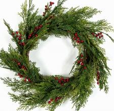 CEDAR PINE WREATH WITH RED BERRIES ON TWIG BASE, 11 IN RIM