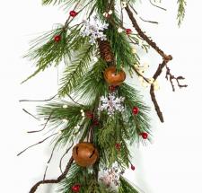 PINE GARLAND WITH RUST BELLS, RUST/WHITE FLAKES, BERRIES ON 