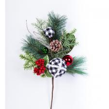 CHRISTMAS SPRAY WITH FABRIC CHECK ORNAMENTS AND BERRIES, 18 