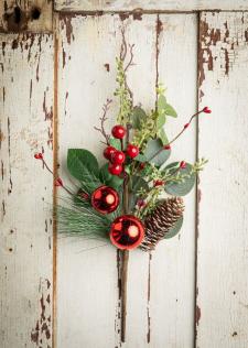 RED ORNAMENT SPRAY WITH RED BERRIES &  PINE CONES, HW, 18 IN