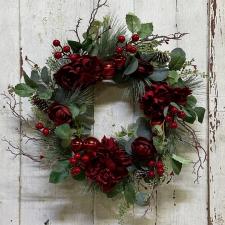 RED PEONY/ORNAMENT WREATH WITH RED BERRIES & PINE CONES ON A