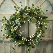PINE AND EUCALYPTUS WREATH WITH CREAM BERRIES ON A TWIG BASE