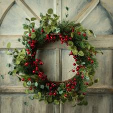 PINE AND EUCALYPTUS WREATH WITH RED BERRIES ON A TWIG BASE, 